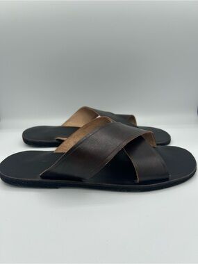 Men's Brown Leather Cross-Strap Slide Sandals